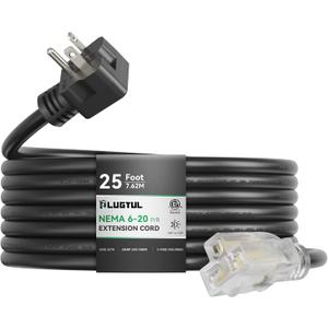 PLUGTUL NEMA 6-20 Extension Cord 25FT, Heavy Duty Extension Cord with Lighted Outlet, 20A/250V, 12Gauge SJTW, ETL Listed, 6-20P to 6-20R (T Blade Female Adapter) - Black