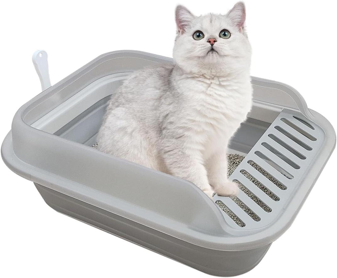 Collapsible Kitten Litter Box, Open High Sided Cat Potty Pan with Scoop Shallow Cat Toilet Anti-Splashing Low Entrance Travel Litter Box with Falling Sand Pedal for Kitty to Senior Cats