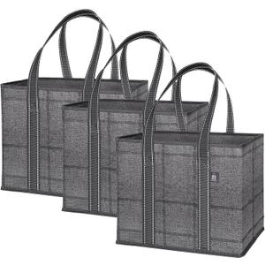 VENO 3 Pack Reusable Grocery Bags, Shopping Bags for groceries, Utility Tote with Handles and Hard Bottom, Foldable Shopping Cart Organizer, Water Resistant, Heavy-Duty (Windowpane, 6 Gallon)