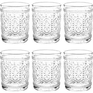 Bekith 6 Pack Drinking Glasses, 9.5 oz Romantic Water Glasses, Clear Embossed Glass Cups Vintage Glassware Set for Whisky, Juice, Beverages, Beer, Cocktail