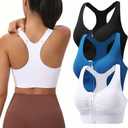 Zip Front Sports Bras for Women Adjustable Racerback Medium Support Bras Padded Post-Surgery Bras Seamless Yoga Athletic Bra (M, 3 Pack Black White Blue)