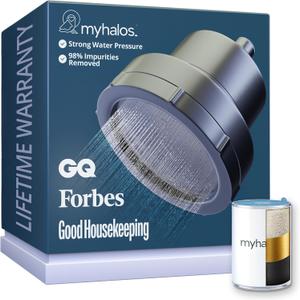 MyHalos Filtered Shower Head for Hard Water Filter - High Pressure, Removes Chlorine - Shower Head Filter for Hard Water Softener Showerhead, Easy Install, For Hair & Skin, Filtering (Brushed Metal)