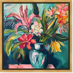 Vase Of Bright Tropical Flowers Framed Flowers In Vase Paintings, 13.5" x 13.5", Gold Frame