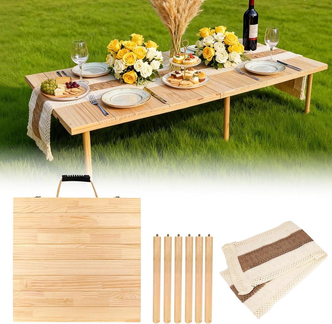 60"x30" Low Folding Picnic Table, Portable Boho Floor Table with Tablecloth, Ideal for Camping, Wedding, Beach, Garden, Party, 60" x 30" x 25"