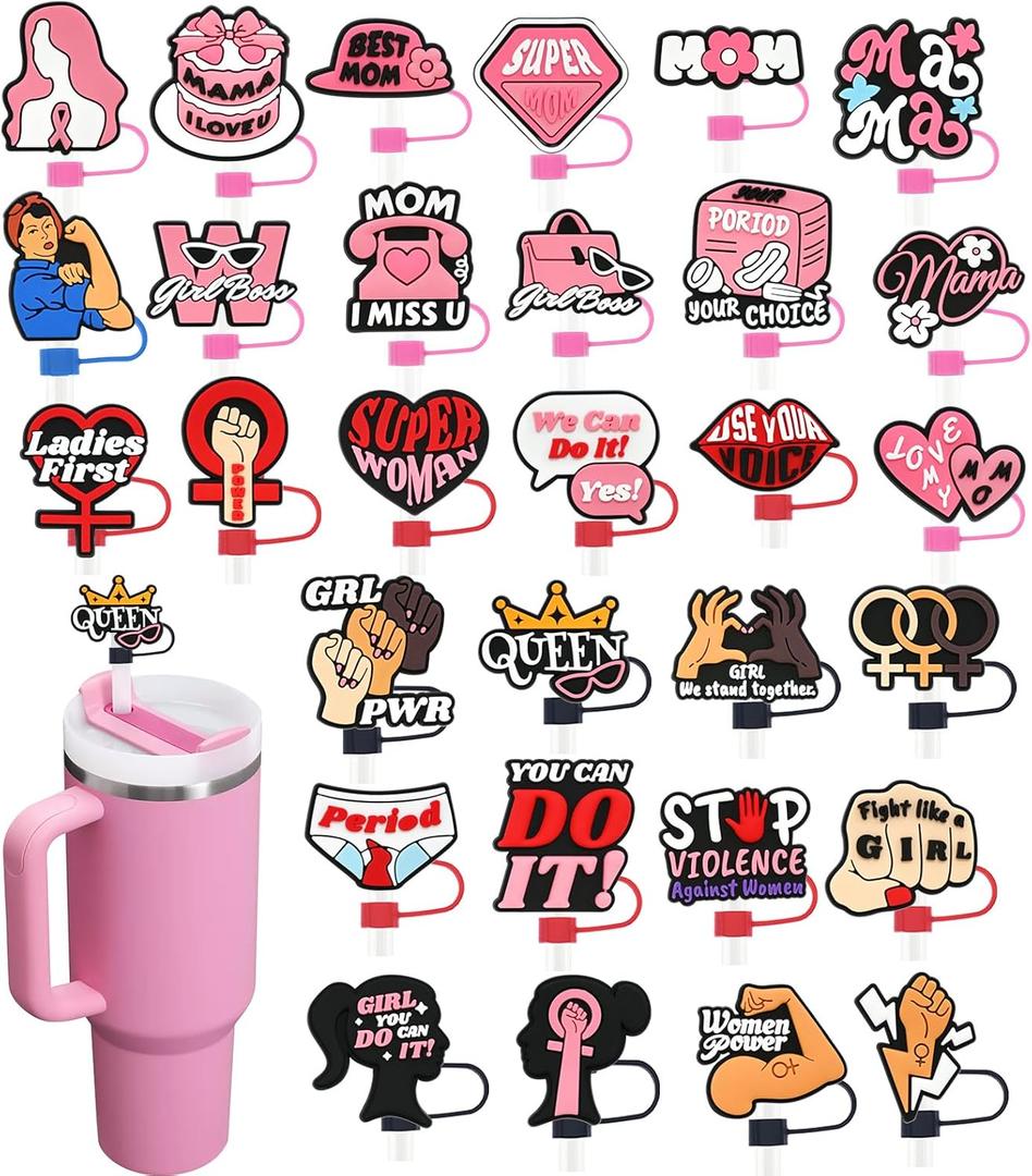 30 Pack Women Power Straw Covers Cap for Tumblers, 10mm Cute Dust-Proof Straw Topper for Water Bottles Stanley Cups Accessories Gifts For Women Party Favors