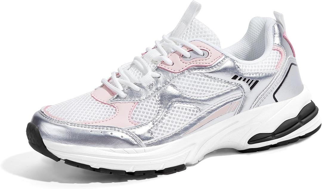 LUCKY STEP Women's Platform Chunky Fashion Sneakers Mesh Casual Running Tennis Workout Sport Work Trendy Athletic Walking Shoes (White/Silver,11 US)