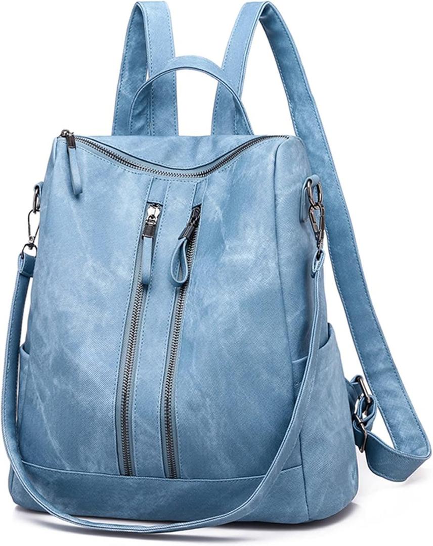 Backpack Purse for Women, Women Backpack Purse Small Leather Waterproof Anti-theft Shoulder Bags Handbags Ladies (Double Zipper Blue)