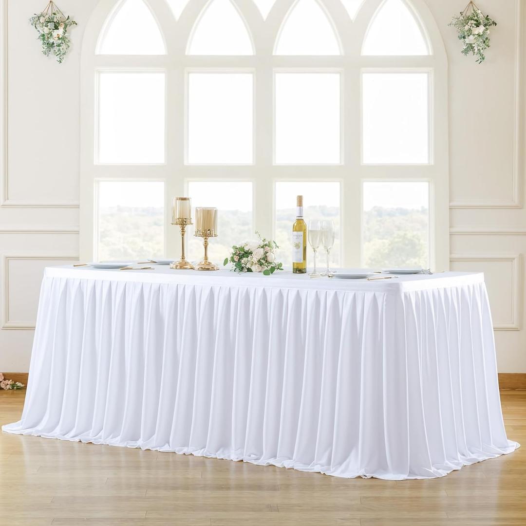 Partisky White Polyester Table Skirt for Rectangle Tables 6f, Wrinkle Resistant Pleated Ruffle Table Cloth for Birthday Party Banquet Wedding Baby Shower