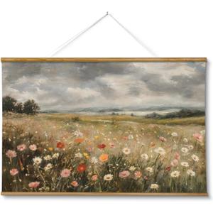 ARPEOTCY Extra Large Vintage Framed Wall Art, 36x54 Inch Colorful Wild Flowers Landscape Hanging Framed Wall Art Decor for Living Room Bedroom Office, Retro Rustic Home Decor Aesthetic
