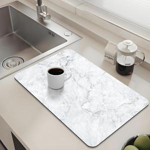 OcePor Dish Drying Mat,15"x18" Rubber Backed Absorbent Dish Drying Mat for Kitchen Counter-Coffee Bar Accessories Fit Under Maker for Kitchen Dishes,Coffee Station(White Marble)