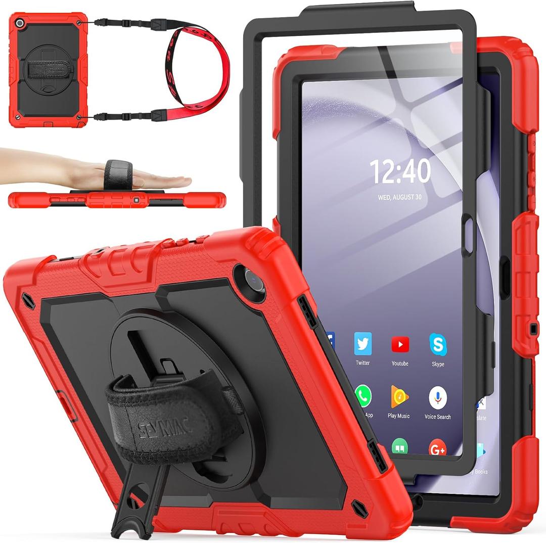 SEYMAC stock Case for Samsung Galaxy Tab A9+ Plus 11'', Full-Body Drop Protection Case with Screen Protector Pencil Holder [360 Rotating Hand Strap] &Stand, Red+Black
