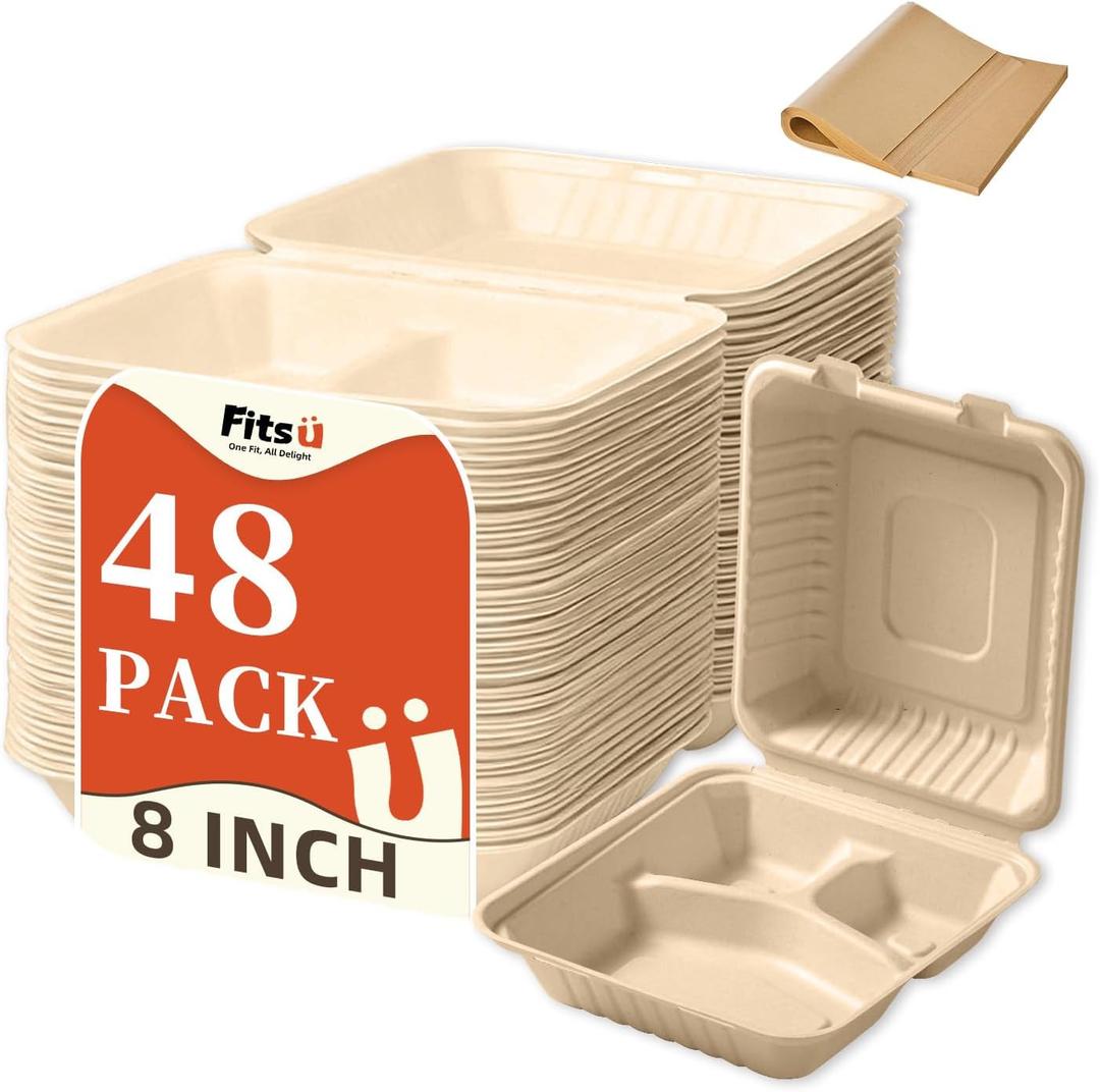 Compostable Clamshell Take Out Food Containers, 3-Compartment To Go Boxes for Food with Greaseproof Paper & Tamper Stickers - Heavy Duty, Microwave Safe (48, 8 Inch)