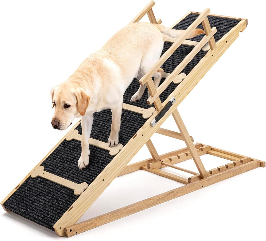 AQUILLA 60.9" Natural Wood Dog Ramp for Bed,Couch & Car,5-Level Adjustable Wooden Pet Ramp with Plush Anti-Slip Surface,Removable Rails,Angle Lock,Folding Dog Ramp for Small & Senior Pets, 200 lbs 