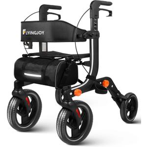 Lightweight Rollator Walker with Seat for Seniors, Foldable Rolling Walker with 10" Large All-Terrain Puncture-Proof Tires, Adjustable Height, Hand Brakes, and Storage Bag (19.58 lbs) (74a - Black (10" Front and 8" Rear Wheel))