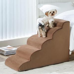 LNSSFFER Dog Stairs for Small Dogs, 5-Steps Dog Ramp for High Bed, Pet Stairs with Highly Supportive Foam and Non-Slip Bottom, Dog Stairs for Large Dogs and Medium Dogs, Brown