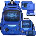 Game luminous Boys Backpack - Bento Box with Insulated Lunch Bag Pencil Case, Utensils Set for Kids, 6 Leakproof Compartments Removable Tray Lunches or Snack Container (Blue)