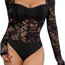 OYOANGLE Women's Floral Lace Long Sleeve V Neck Corset Mesh Leotard Bodysuit Sweetheart Neck Going Out Slim Fit Tops Jumpsuit Large