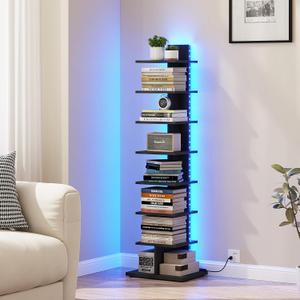 TUTOTAK Narrow Bookshelf, 8-Tier Bookcase with LED Lights, Spine Book Shelf for Small Space, Corner Standing Shelf for Living Room, Office, Study, Entryway, Black BS06BK008L