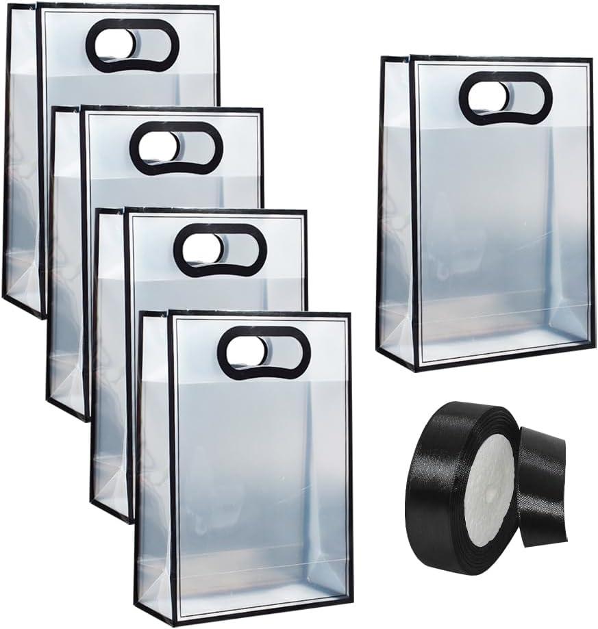 10 Pcs Clear Plastic Gift Bags with Ribbon Transparent Party Favor Bags Reusable Goodie Bags Small Tote Bags Wedding Candy Bags for Birthday Baby Shower Christmas Black