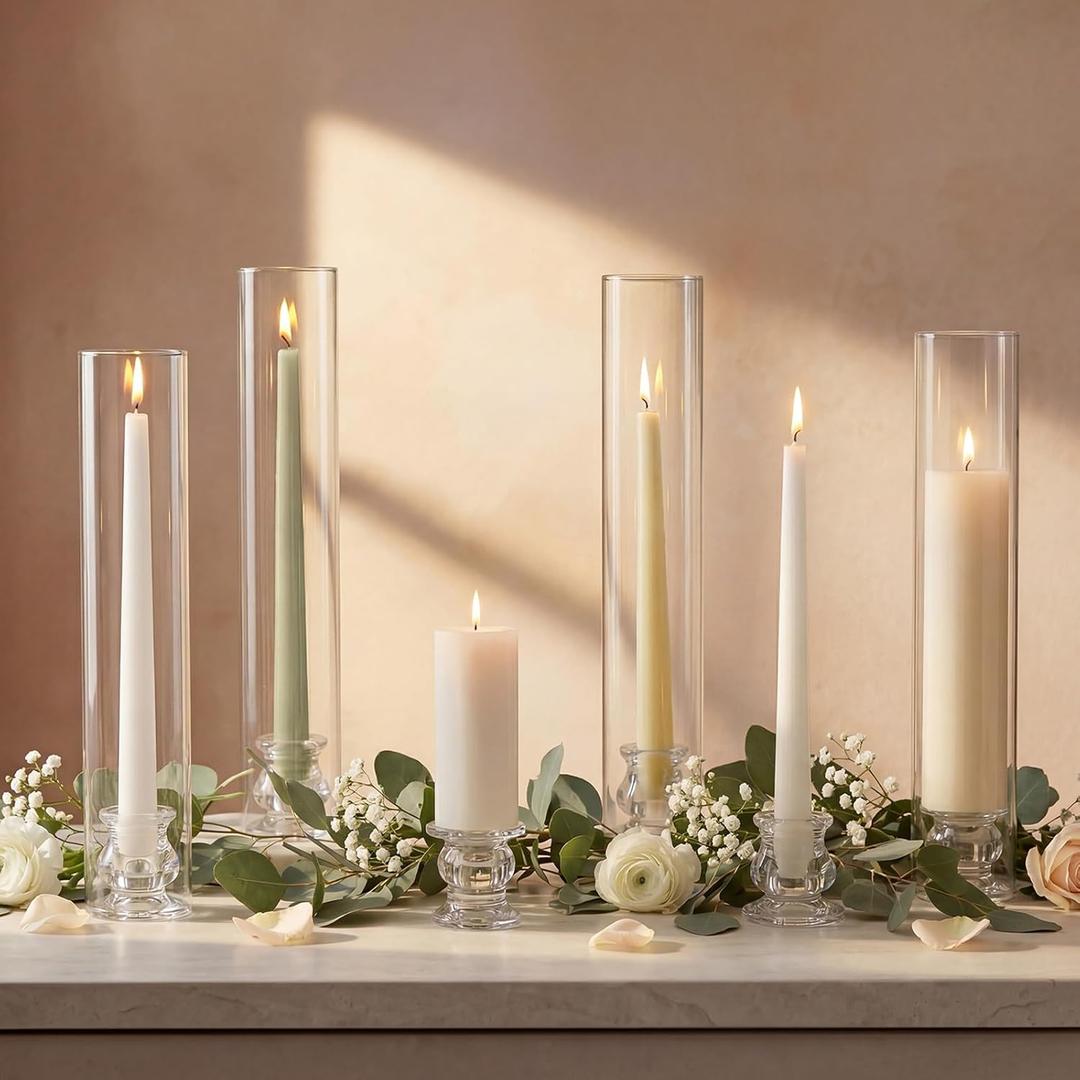 Hurricane Glass Candle Holders - Set of 20 Candlestick Holders for Taper Candles, Clear Candle Holder Bulk with 12” Tall Windproof Cylinder Cover for Festival Wedding Table Centerpiece Party Decor