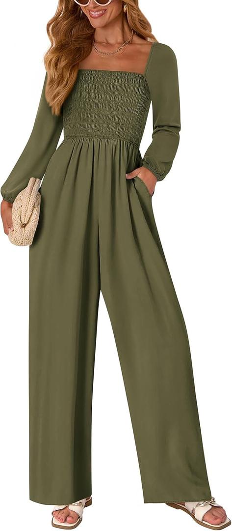 KIRUNDO Jumpsuits for Women Dressy Casual One Piece Long Sleeve Wide Leg Long Pant Rompers With Pockets 2025 Fall Outfits (Green, XXL)