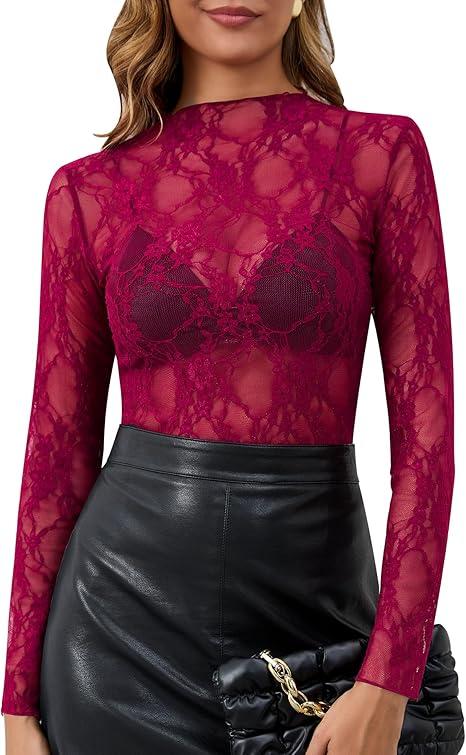 Womens Mesh Long Sleeve Top Sheer Blouse Sexy See Through Tee Shirt Lace Tops, Size M