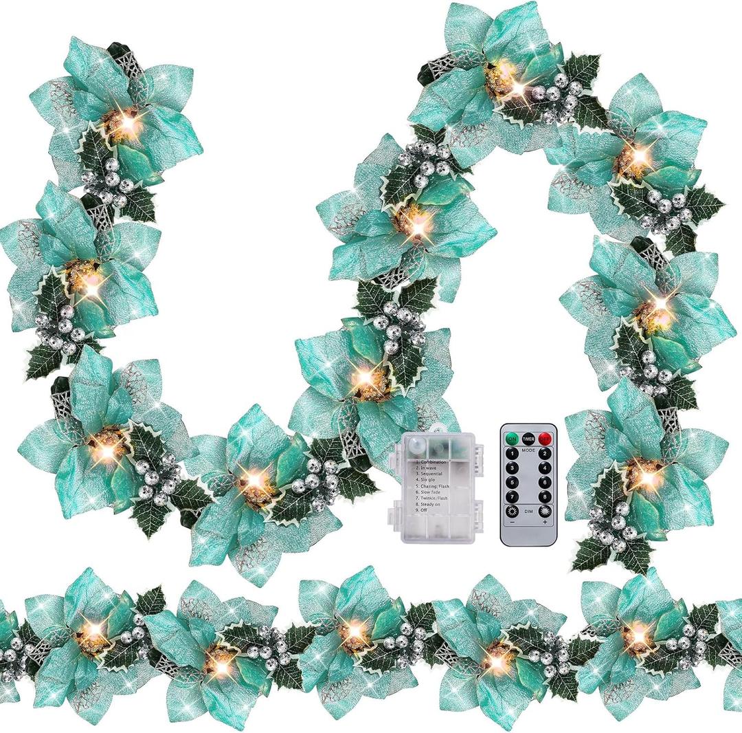 Zubebe 2 Pcs Prelit Poinsettia Christmas Garland with String Lights Glitter Holly Leaves Berries Remote Timer 8 Modes 6.5 ft Lighted Flower Garland Battery Operated Indoor Outdoor Decor(Teal)