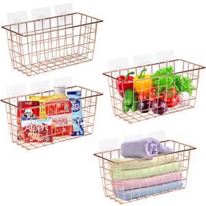 4 PCS Hanging Kitchen Baskets For Storage Adhesive Sturdy Small Wire Storage Baskets with Kitchen Food Pantry Bathroom Shelf Storage No Drilling Wall Mounted (Rose Gold-4 Pack)