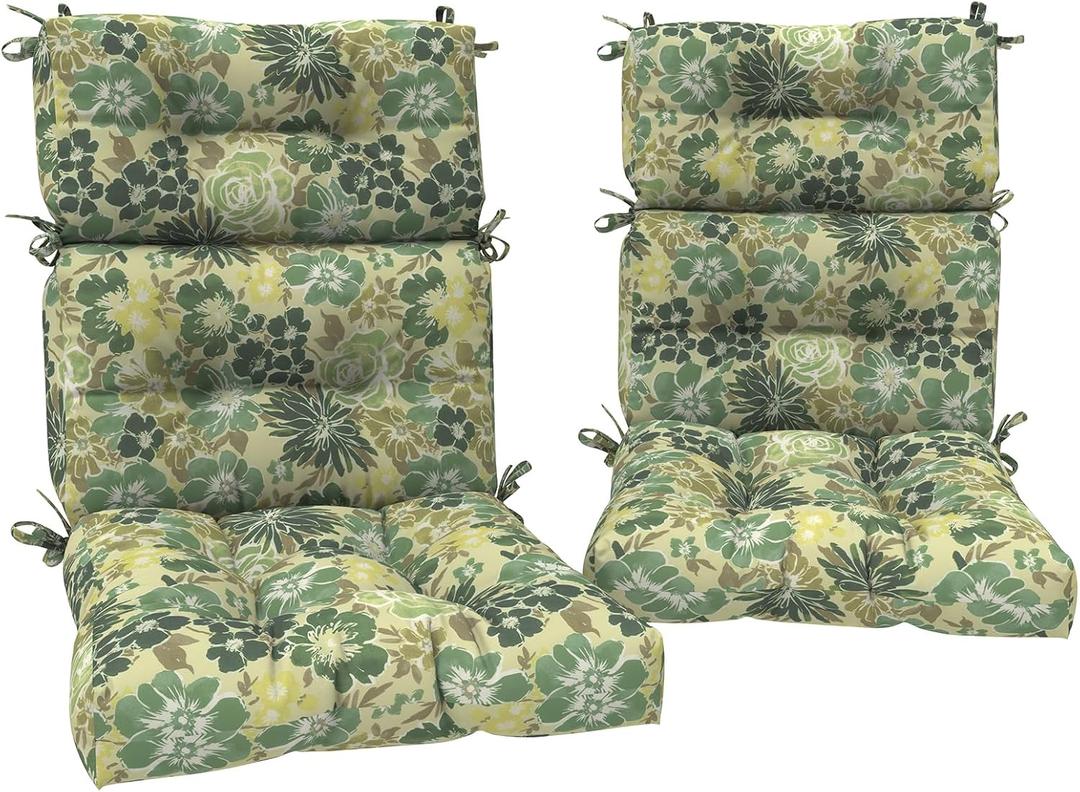 DYTXIII Outdoor High Back Chair Cushions Set of 2, Water Repellent Tufted Rocking Seat Cushions Replacement 44 x 22 Inch, Seat & Back Chair Pads for Patio, Balcony and Indoor Use -Green Rose