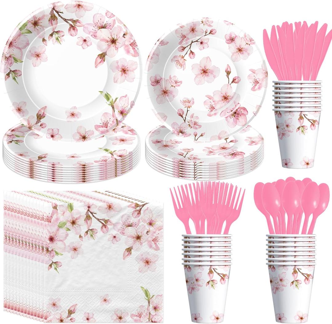 APOWBLS Cherry Blossom Flowers Party Decorations Tableware, Cherry Blossom Party Supplies For Birthday, Baby, Bridal Shower, Plate, Cup, Napkin, Cutlery, Spring Floral Table Decorations, Serves 24