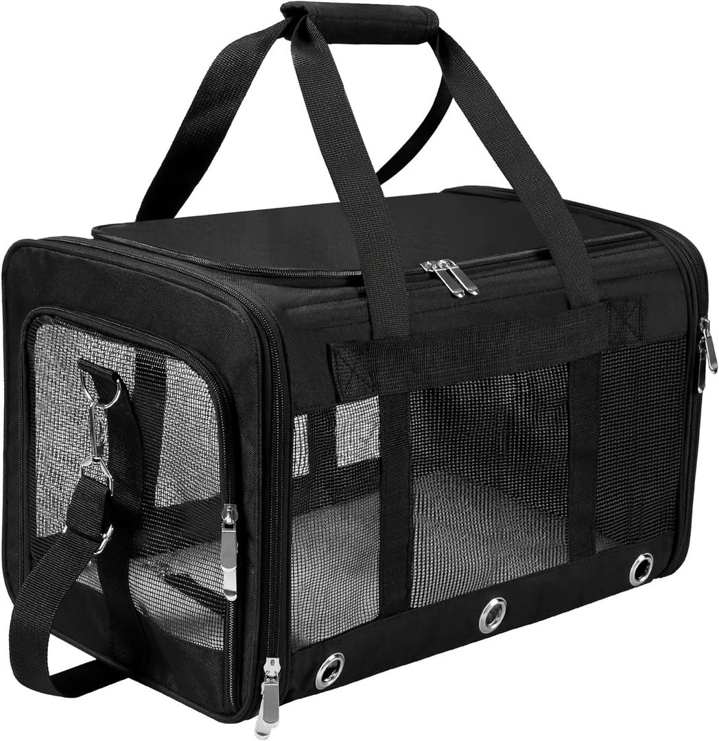 Soft Sided Cat/Dog Carrier, Collapsible Pets Travel Carriers for Pet/Puppy with Shoulder Strap & Removable Mat, Mesh Top Load Small Dogs/Cats Carry Bag Up to 17 Lbs TSA Airline Approved (Black, M)