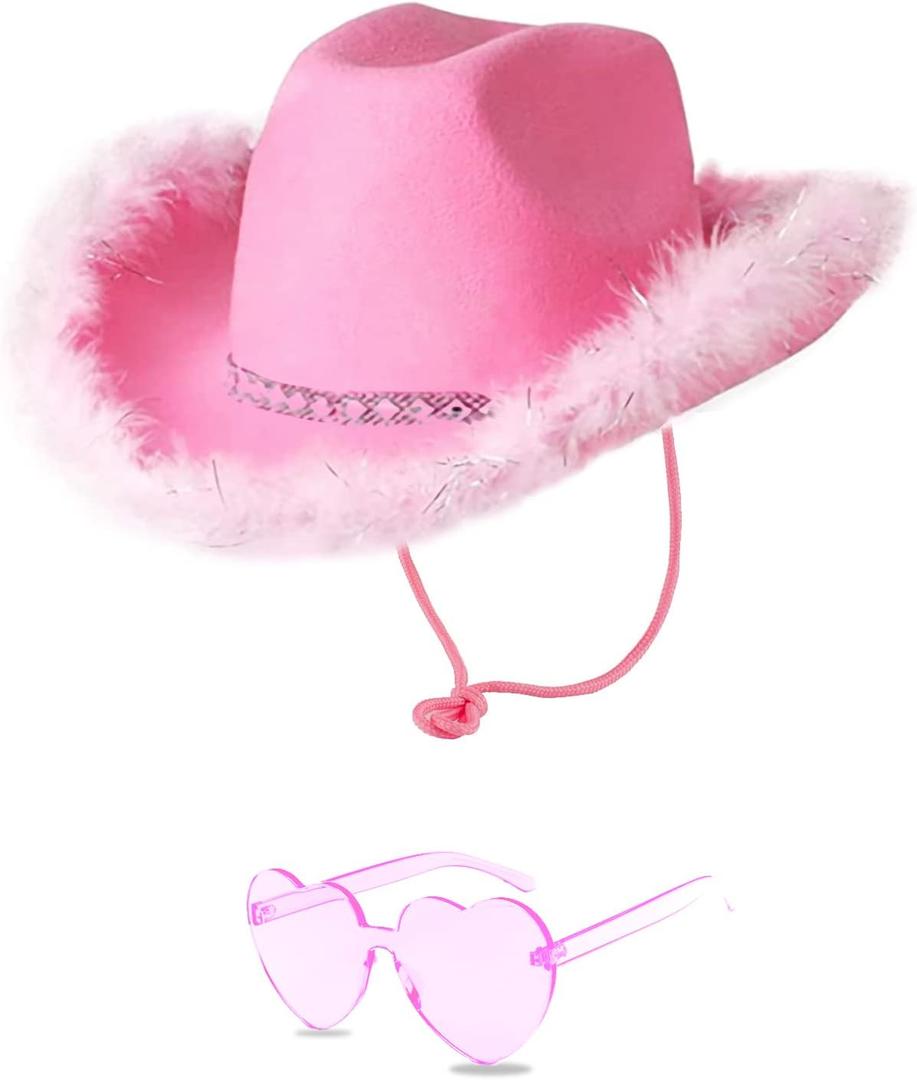 Cowboy Hat with Heart Sunglasses - Cowgirl Hat with Feather Boa Brim for Women & Men,Bachelorette Party Halloween (Pink)