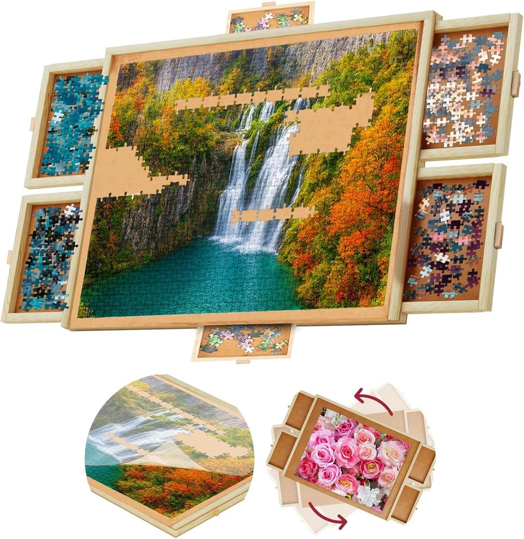 1500 Piece Wooden Jigsaw Puzzle Board - 6 Drawers, Preassembled Rotating Puzzle Table | 35 X 28 Jigsaw Puzzle Board | Puzzle Cover Included - Portable Tables for Adults and Kids