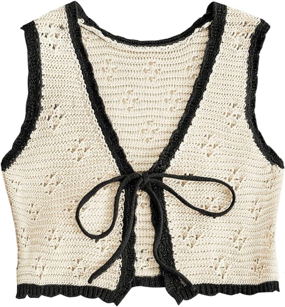 OYOANGLE Women's Tie Front V Neck Sleeveless Checkered Knit Sweater Vests Contrast Binding Knitted Crop Tank Top (Medium, Beige and Black)