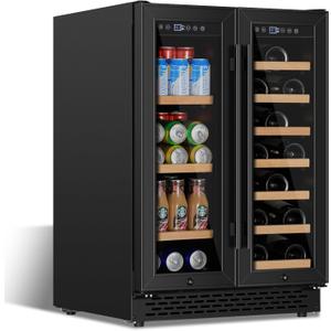 24 Inch Wine and Beverage Refrigerator Under Counter, Dual Zone Black Beverage Fridge with Glass Door&Lock,20 Bottles & 88 Cans Wine and Beverage Cooler, Freestanding Mini Fridge for Bedroom Home