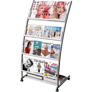 LIWSHWZ Magazine Rack Floor Standing,Brochure Display Stand, 4 Pockets Metal Literature Stand,Newspaper Rack with Wheels for Trade Show Exhibitions Office Retail Store