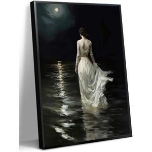 WOKAOGO Black Framed Wall Art Moonlit Sea Woman Wall Decor Dark Academia Canvas Art Gothic Pictures Vintage Paintings Victorian Prints Moody Artwork for Bedroom Bathroom