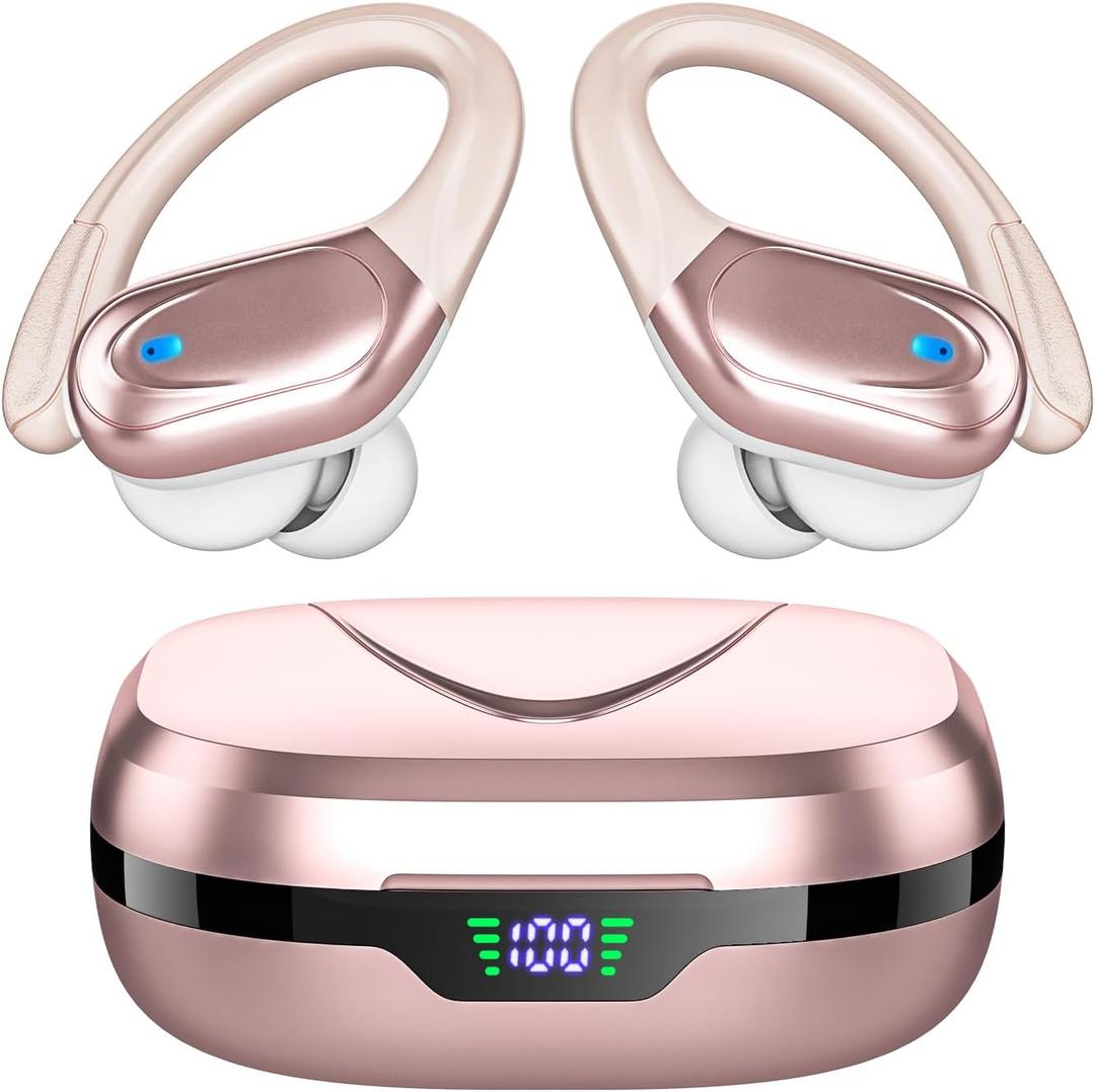 HAOYUYAN Sports Bluetooth Headphones, 80Hrs Playtime Wireless Earbuds with LED Power Display,Noise Canceling Headset Ear Buds（Metallic Pink）