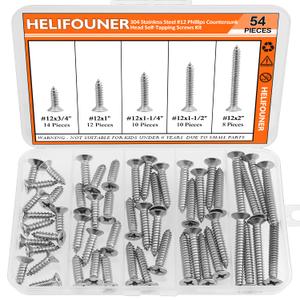 #12 x 3/4" 1" 1-1/4" 1-1/2" 2" Wood Screws Set, HELIFOUNER 54 Pieces Phillips Countersunk Head Self-Tapping Screws Assortment Kit, Phillips Flat Head Wood Screws, 304 Stainless Steel