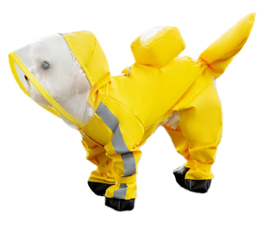 Waterproof Dog Raincoat,Full Coverage 4 Legs Dog Rain Jacket for Small Medium Dogs,Pet Rain Coat with Hood,Reflective Strips&Leash Hole Outdoor Raincoat Dogs (Small（tag Size M）, Yellow)