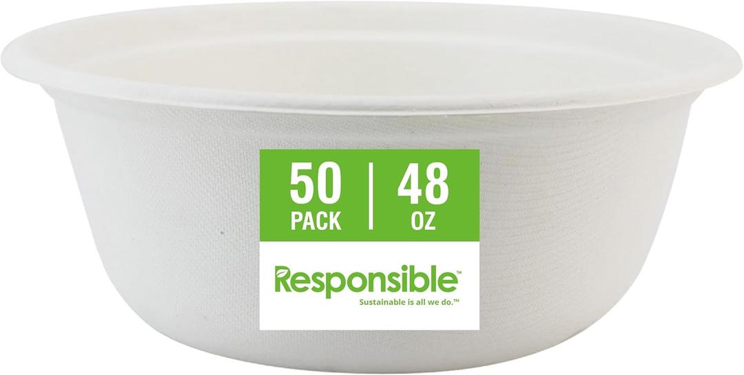 Responsible Products bowls are eco-friendly, Disposable Paper Bowls 48oz For Hot Soup (50 Count),Heavy Duty Paper Dinner Bowls, Dessert Bowls, Made from Sugarcane ＆ Bamboo Fibers