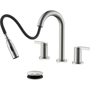 KENES Brushed Nickel Widespread Bathroom Faucet with Sprayer, 8 Inch 3 Hole Bathroom Sink Faucet with Pull Out Sprayer, Pull Down Vanity Faucet with Pop Up Drain & Supply Lines LJ9068