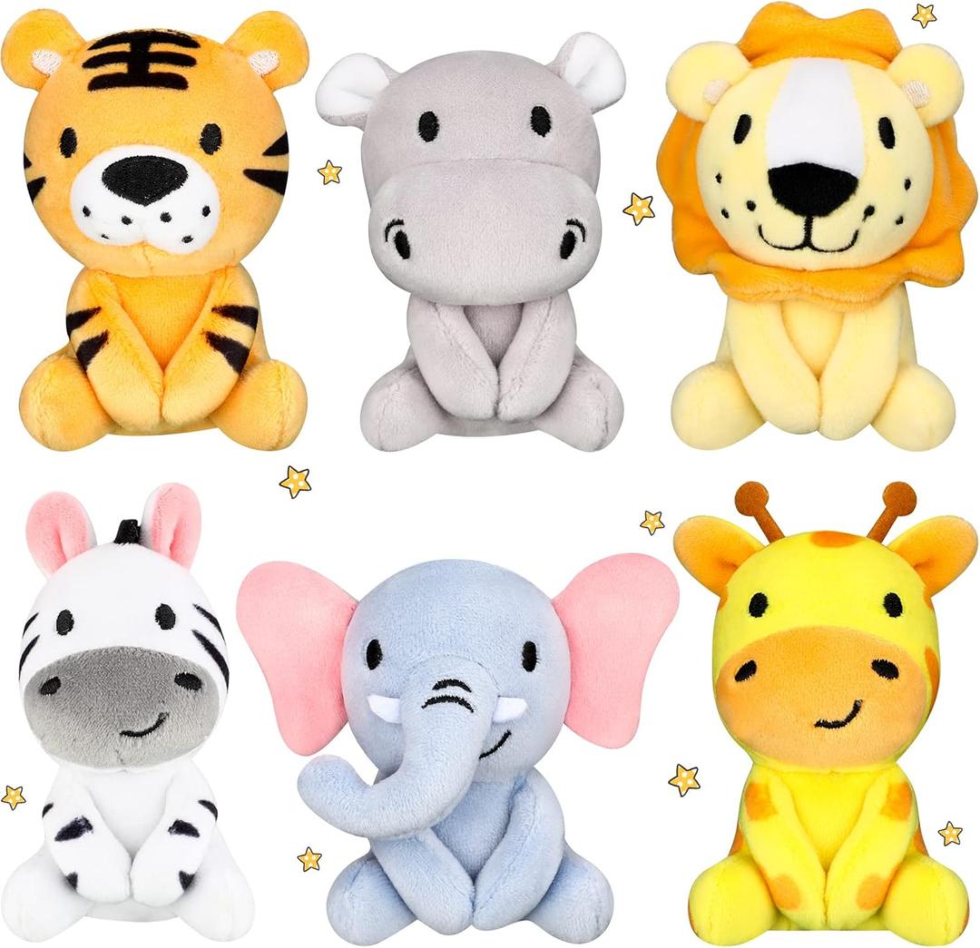 Aoriher 6 Pcs Mini Stuffed Forest Animal Bulk Jungle Plush Animal 4 Inch Plush Elephant Lion Tiger Giraffe Panda for Baby Shower Christmas Birthday Gift Stuffer Themed Party Decoration(Lovely)