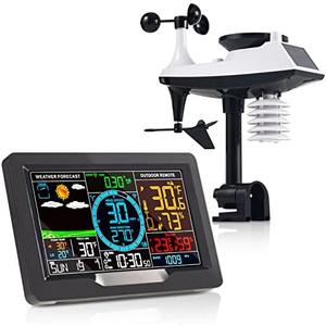 KALEVOL Professional Weather Stations Indoor Outdoor Thermometer Wireless Color Display Atomic Clock with Rain Gauge, Wireless Thermometer Weather Station with Outdoor Sensor, Wind Speed and Direction