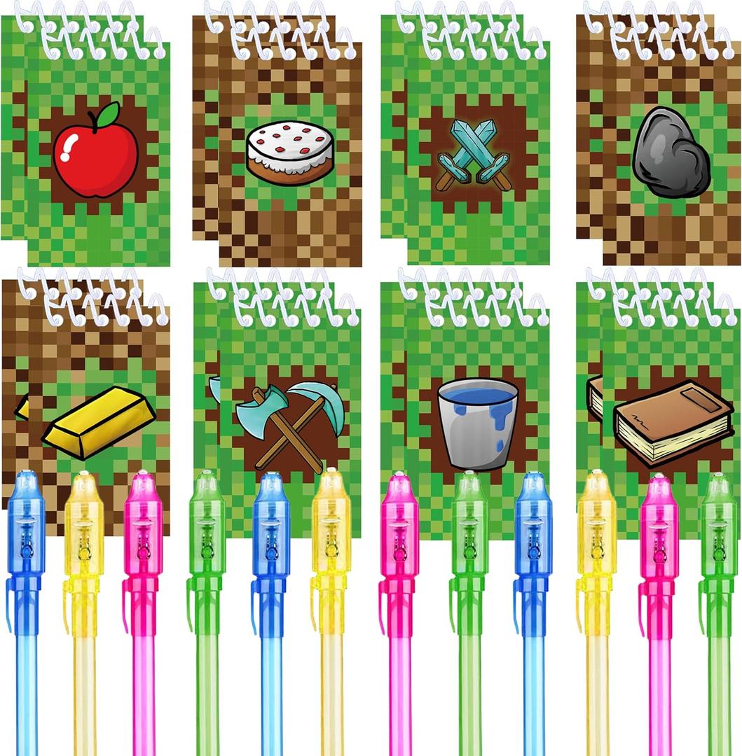 24 Pcs Pixel Theme party favors |12 invisible ink pen and 12 party mini Pixel Theme Notepads| Pixel Theme party Goodie Bag Stuffers, Classroom Prizes, party supplies