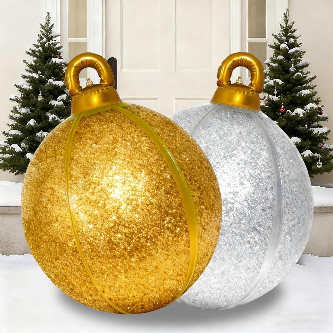2 Pack 24 Inch Inflatable Christmas Balls, Giant Inflatable Ornaments Outdoor, Extra Large Outdoor Christmas Ornaments for Lawn, Porch, and Front Door (Gold and Silver)