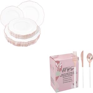 WDF 90 Pieces Rose Gold Plastic Silverware-60pcs Rose Gold Plastic Plates