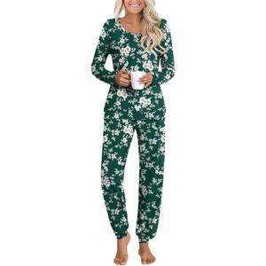 HOTGIFT Womens Pajamas Sets, 2 Piece Lounge Pjs Set Long Sleeve Long Pant Ladies Sleepwear with Pockets Green Floret Small