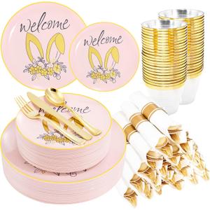 DaYammi 210Pcs Easter Plastic Plates,Pink Gold Party Plates with Bunny Egg Design Include 30 Dinner Plates,30 Dessert Plates,30 Pre Rolled Napkins with Gold Silverware,30 Plastic Cups for Easter Party