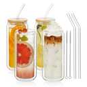 LIBWYS 16oz Double Wall Drinking Glass Cups with Bamboo Lids and Straws, 4 Pc Set – Condensation Resistant Insulated Glass Can Tumblers for Cold Drinks, Iced Coffee, Tea, Juice, Cleaning Brush